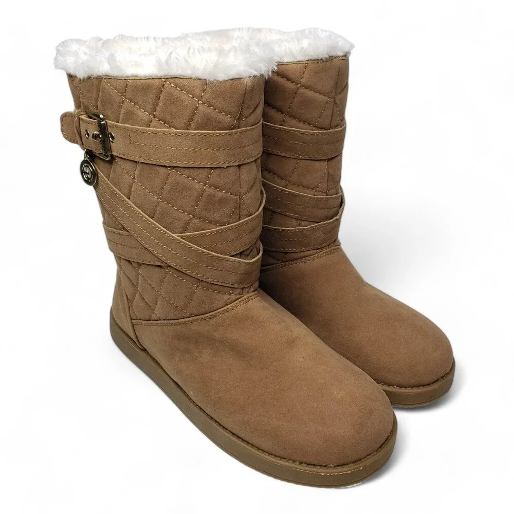 G by Guess Furry Lined Booties Women’s Tan Strappy Quilted Warm Cozy Y2K Outdoor